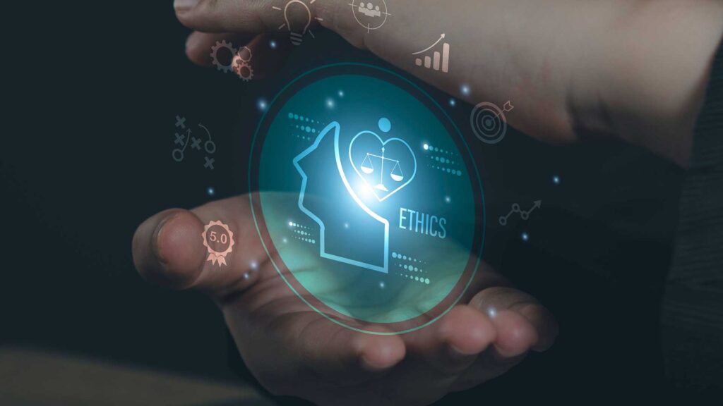 Person holding virtue ethics inside human mind, moral, strategy, attitude, behavior.