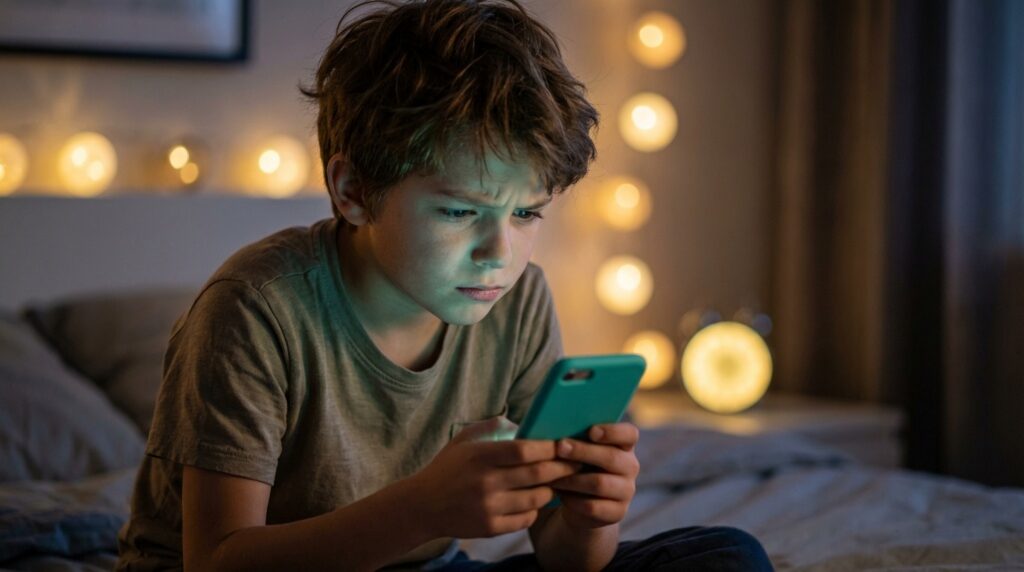 Young boy looking at his phone