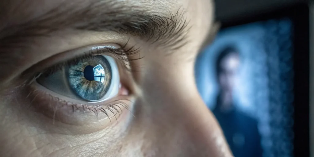 An eye closely examining a screen for a deepfake detection API.