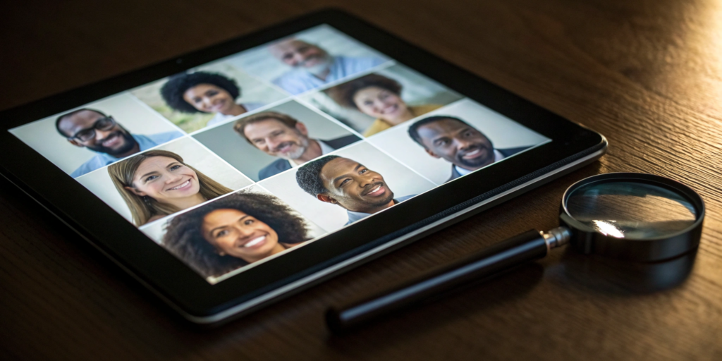 A facial uniqueness check tool on a tablet analyzing a grid of diverse faces.
