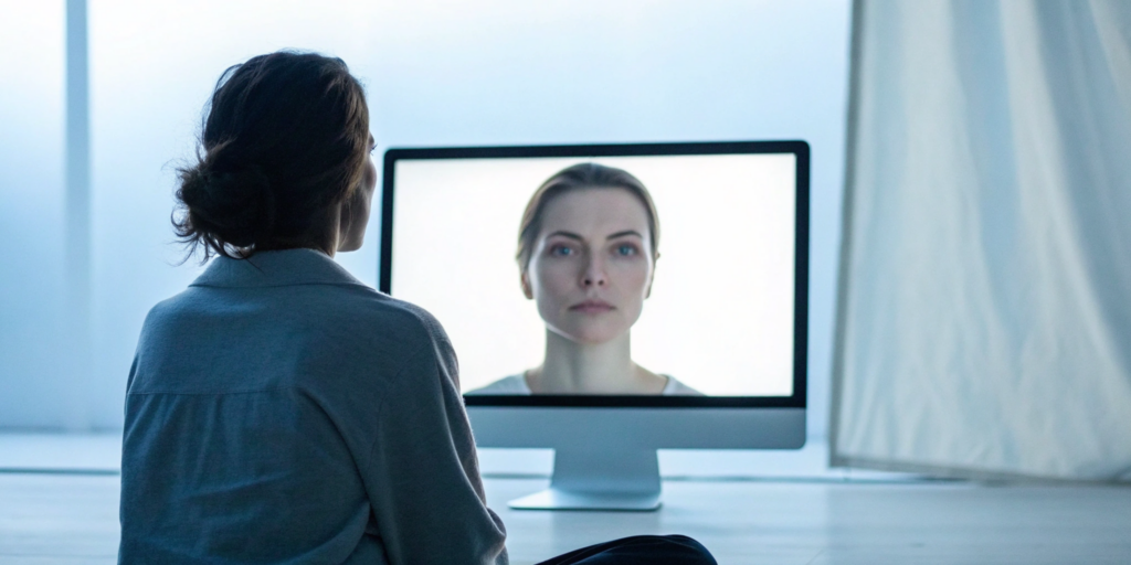 A woman completes a lightweight facial verification check on her computer.