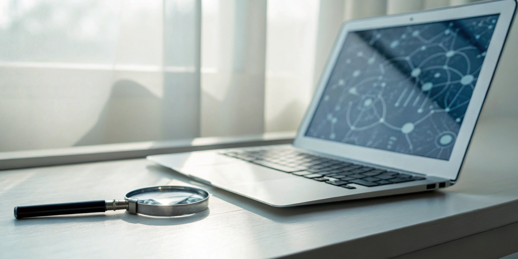 A laptop screen showing an AI bot detection tool analyzing website data.