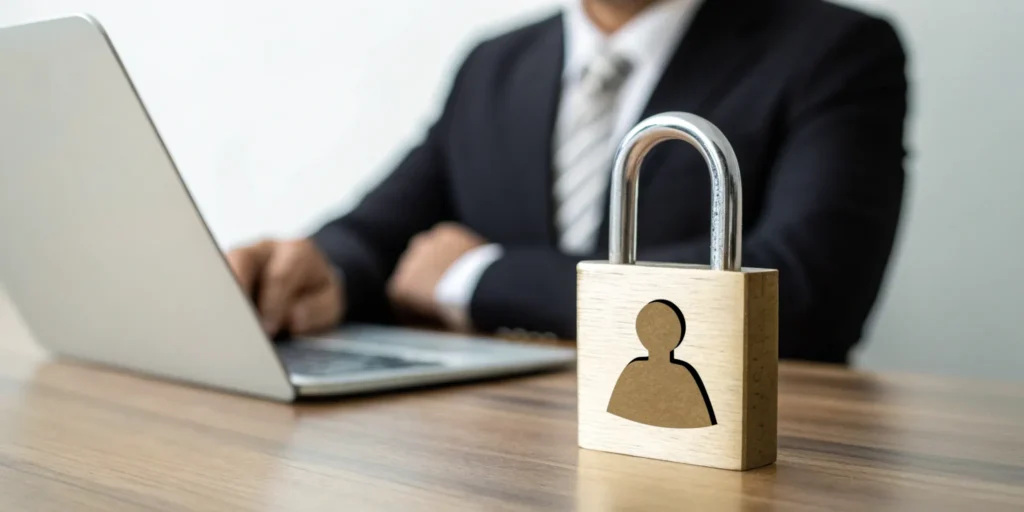 A padlock over a user icon on a laptop, ensuring anonymous age verification and user privacy.