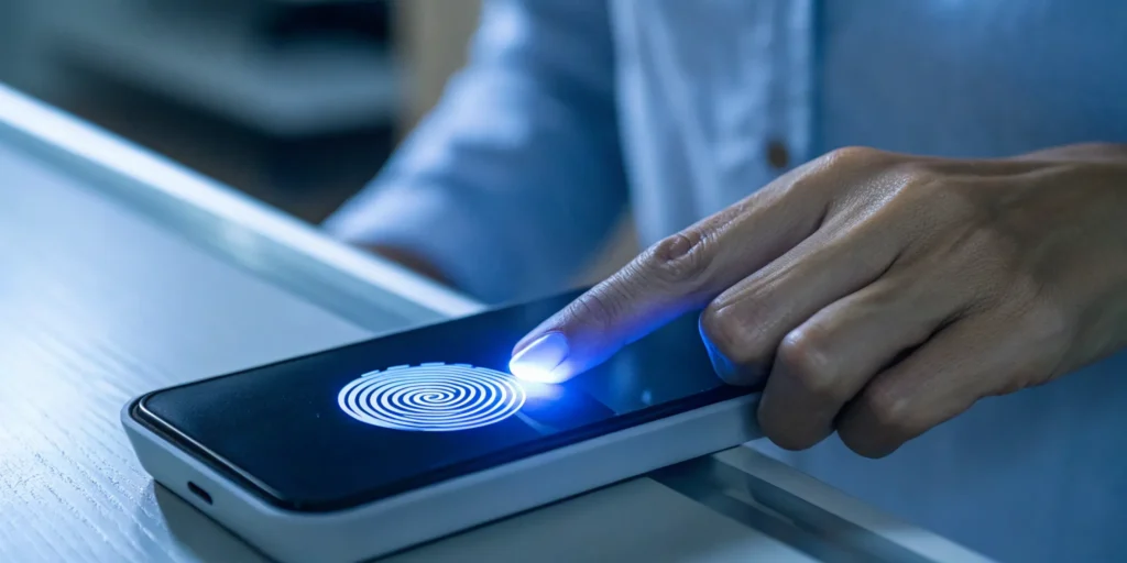 A person using a fingerprint on a smartphone to log in with passkeys.