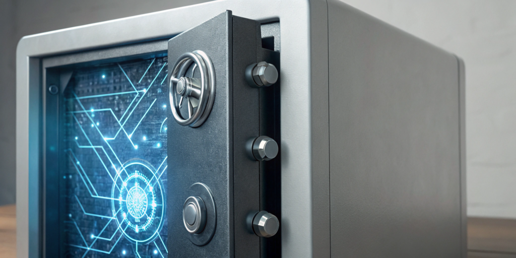 An open safe revealing the digital circuits of a cryptographic hashing algorithm.