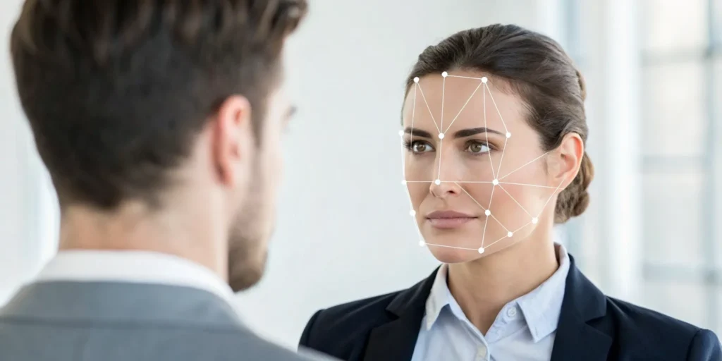 Facial liveness detection scan verifying a woman is a real person to prevent fraud.