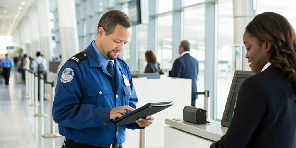 TSA agent verifying the person at a terminal security checkpoint.