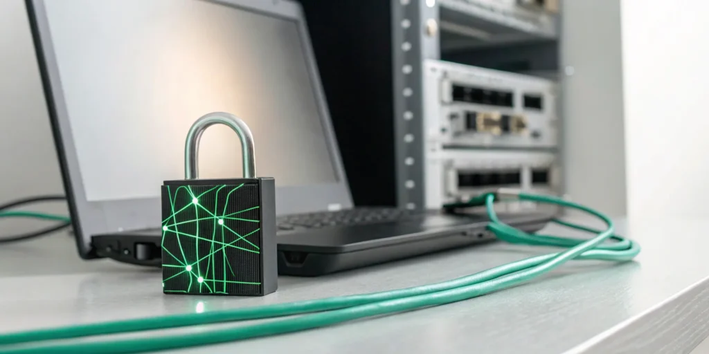 A laptop secured with a padlock for a guide to passwordless authentication.