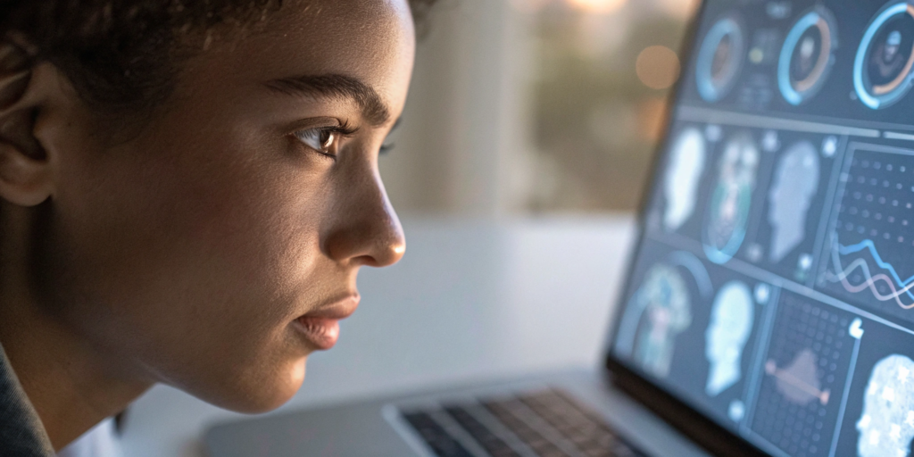 Comparing age estimation API tools on a laptop with facial data and performance charts.
