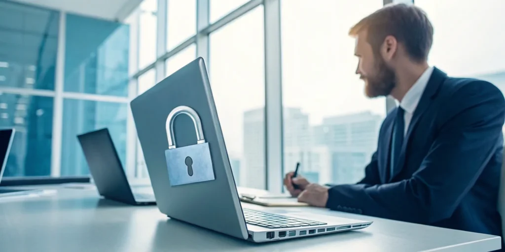 A padlock on a laptop keyboard for account takeover prevention.