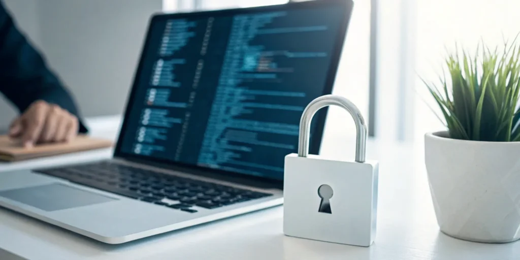 A laptop with security code and a padlock for account takeover prevention.