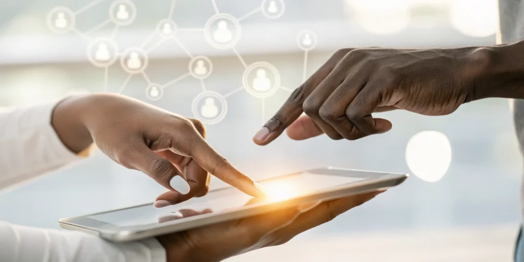 Hands on a tablet, ensuring trust and uniqueness across all devices.