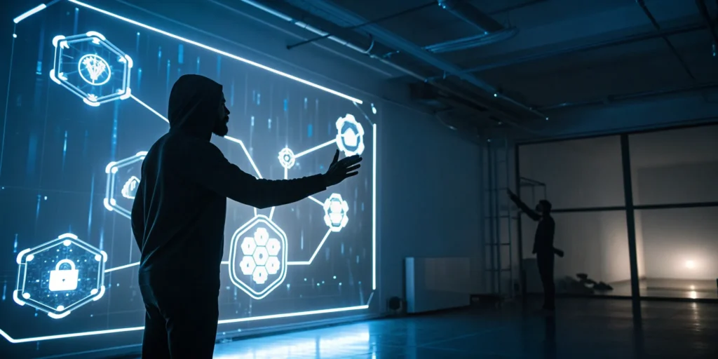 A person verifies their identity using a Zero-Knowledge-Proof on a digital screen with crypto icons.