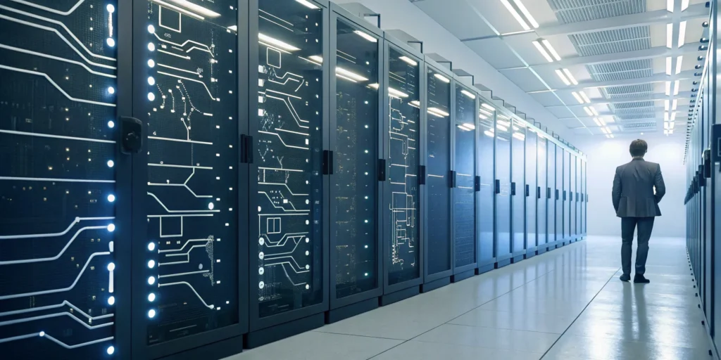 A person monitoring a continuous re-verification system on servers in a modern data center.