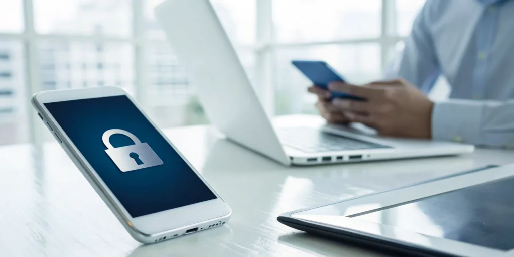 A smartphone with a lock icon enables passwordless authentication for a laptop and tablet.