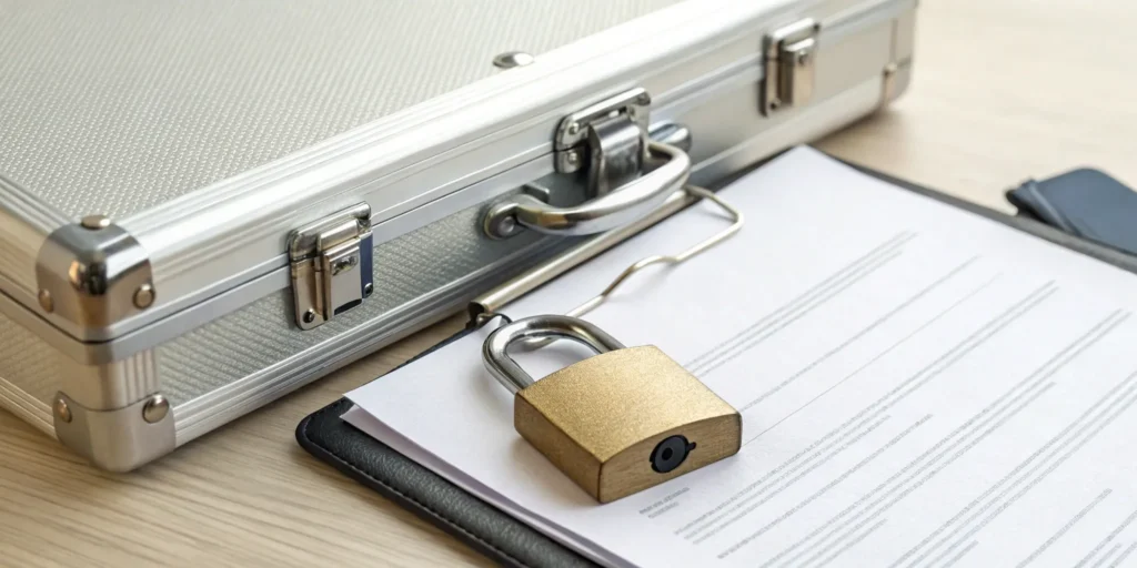 A locked briefcase protecting documents for UK age verification compliance.