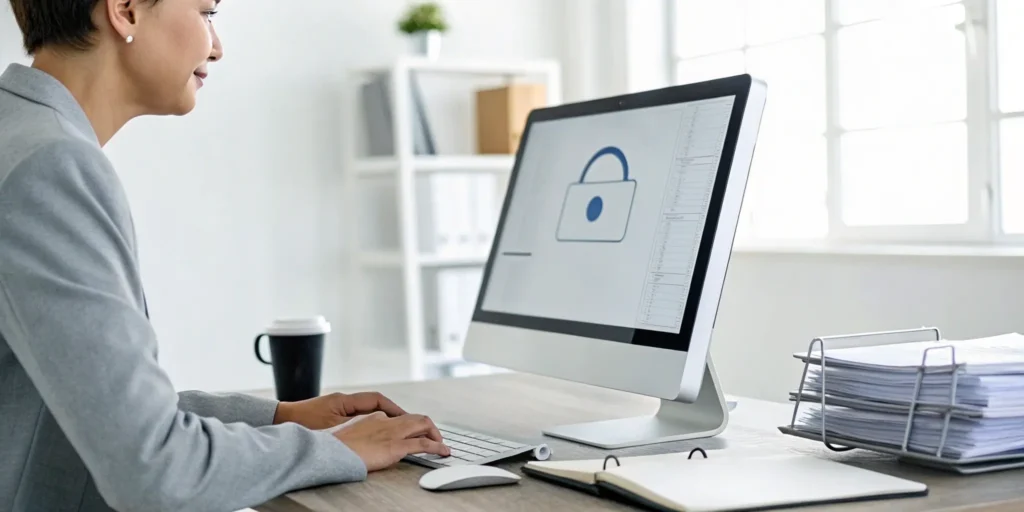 Woman at a computer with a security lock icon performing a secure account recovery.