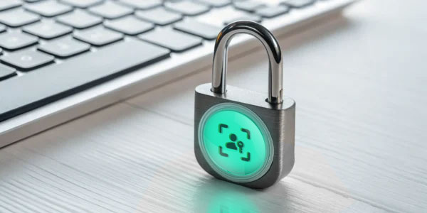 Passkey icon in padlock on desk