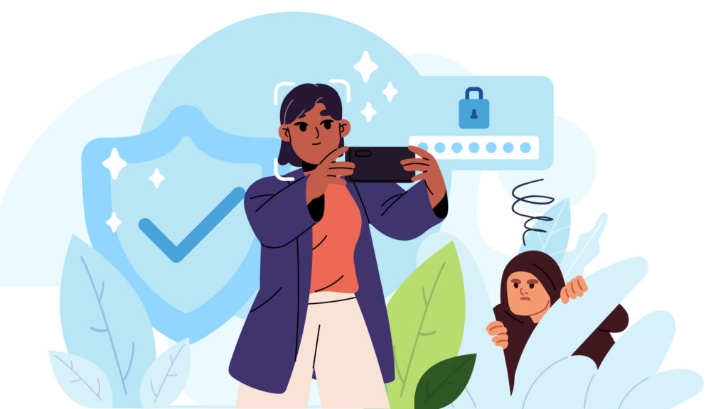 Woman holding phone like a selfie to sign in to her account