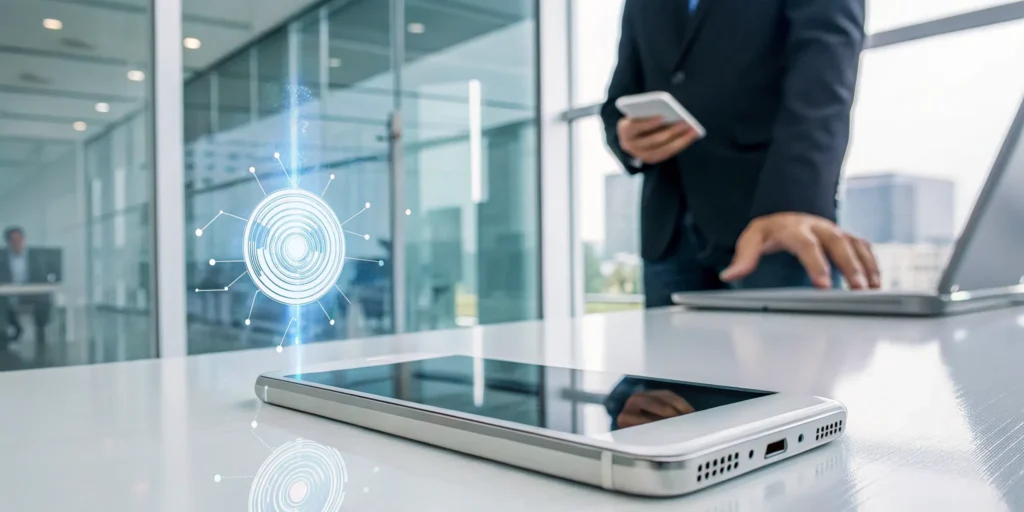 A business professional uses biometric authentication on a phone for account verification.