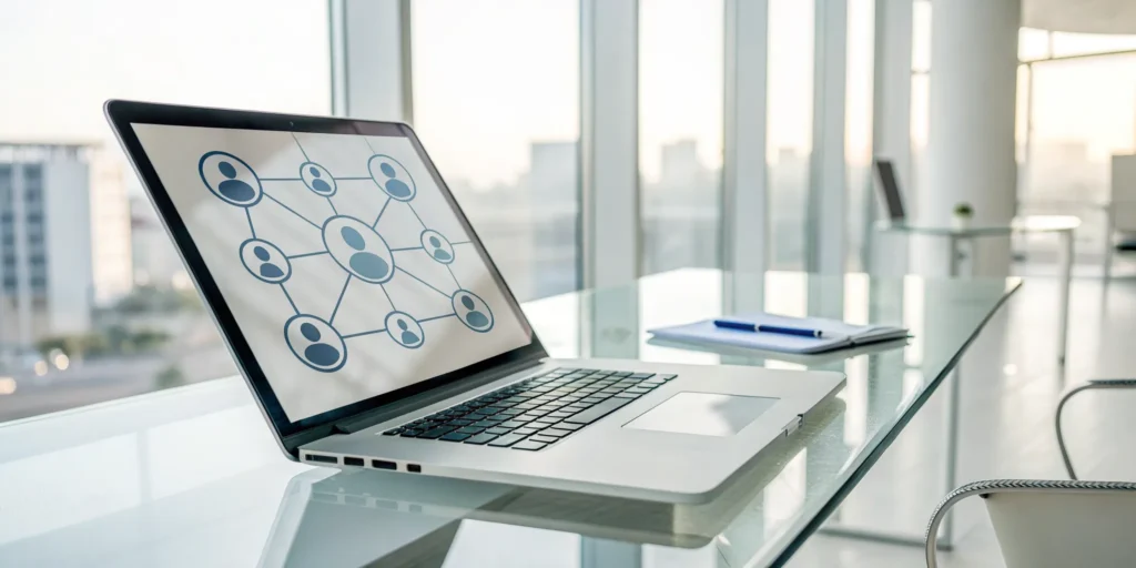 Duplicate account detection software on a laptop analyzing a network of user profiles.