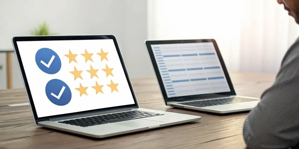 Laptops with checkmarks and stars in a head-to-head review of the best MFA alternatives.