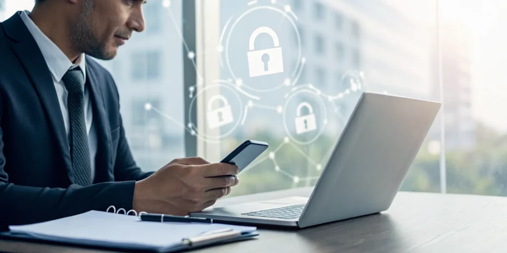 Anonymous identity verification solutions securing a user's digital identity on a laptop and phone.