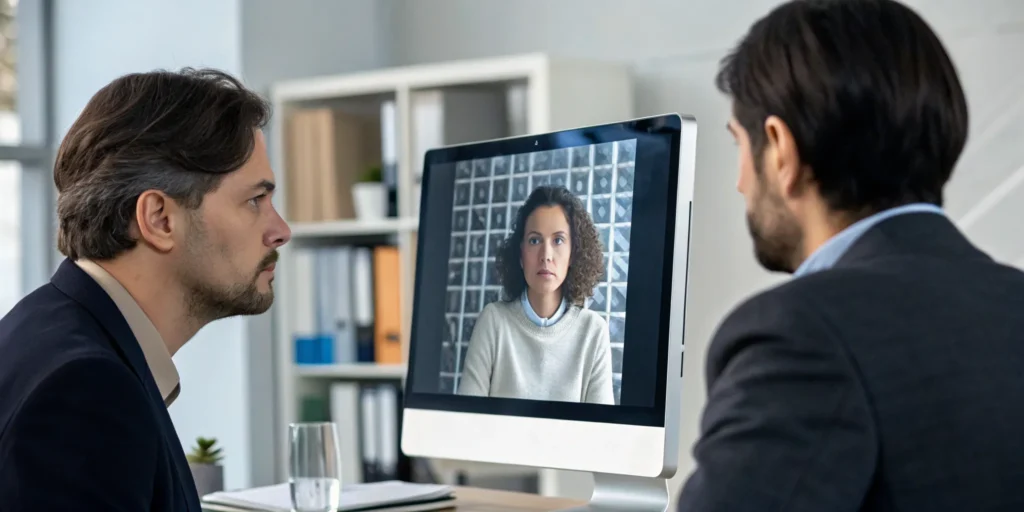 Analysts performing deepfake detection by examining a face on a computer screen.