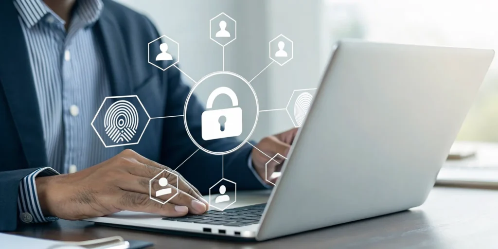 A person completes a digital identity verification on a laptop with security icons.