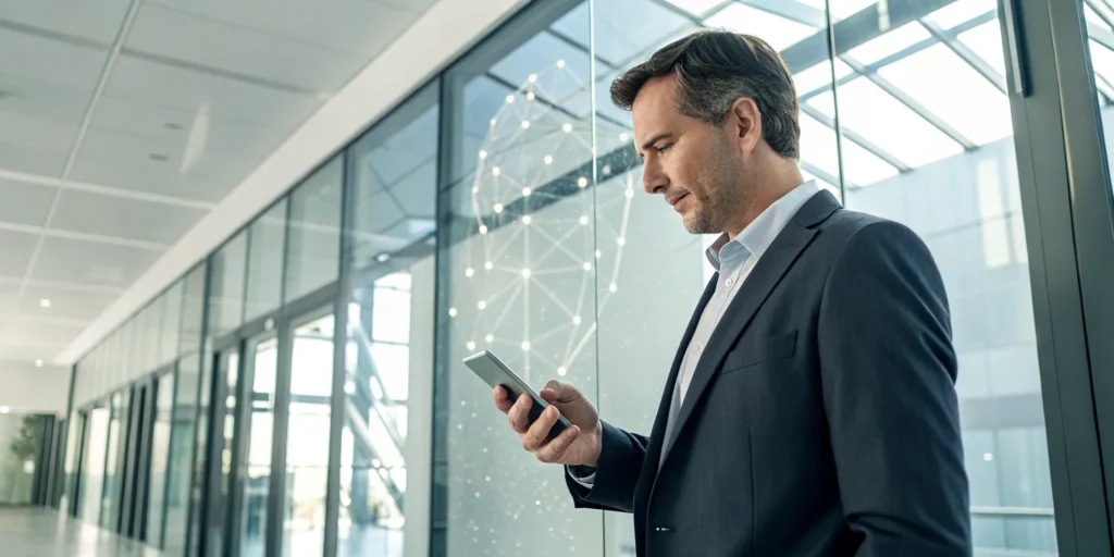 A person using a smartphone for secure account verification and deepfake prevention.