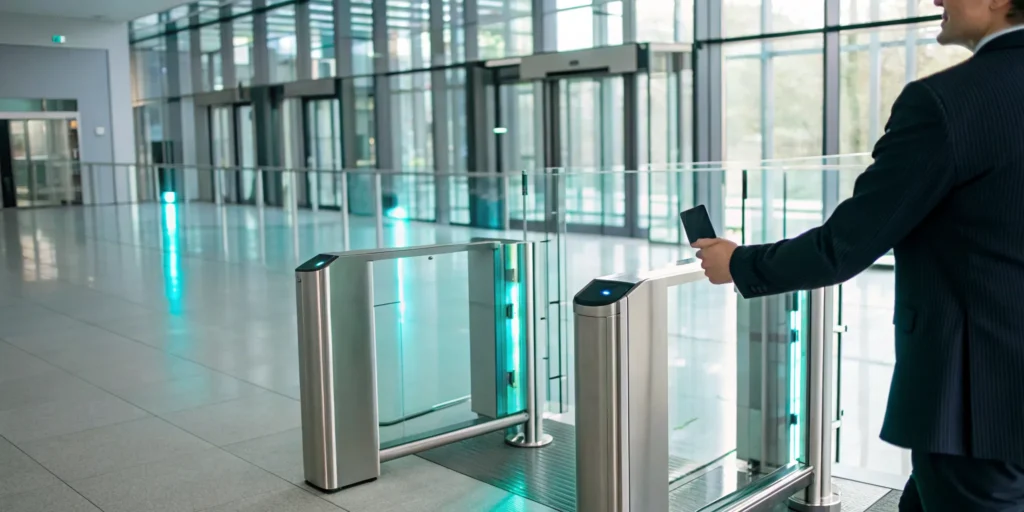 Business professional using biometric verification without data storage at a secure gate.