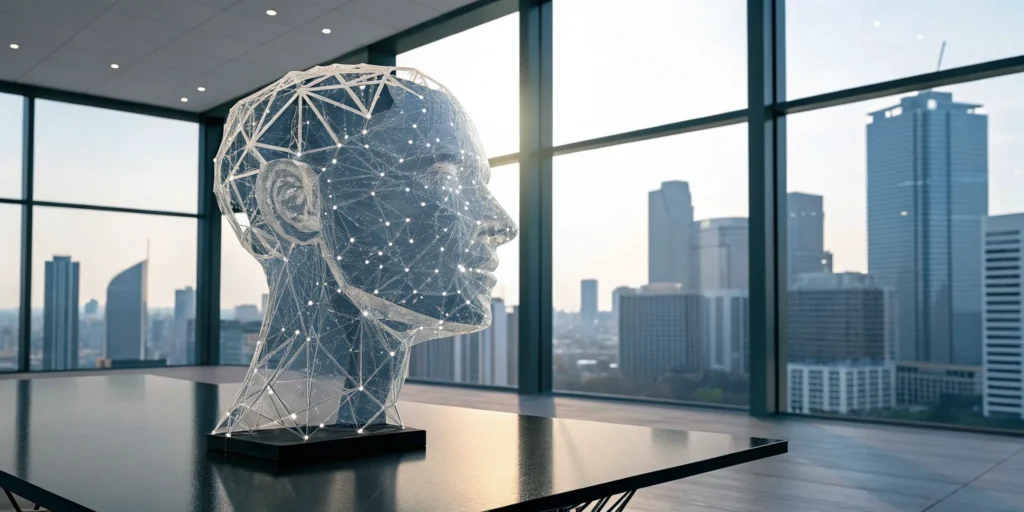 A digital wireframe of a face with data nodes for privacy-preserving facial recognition.