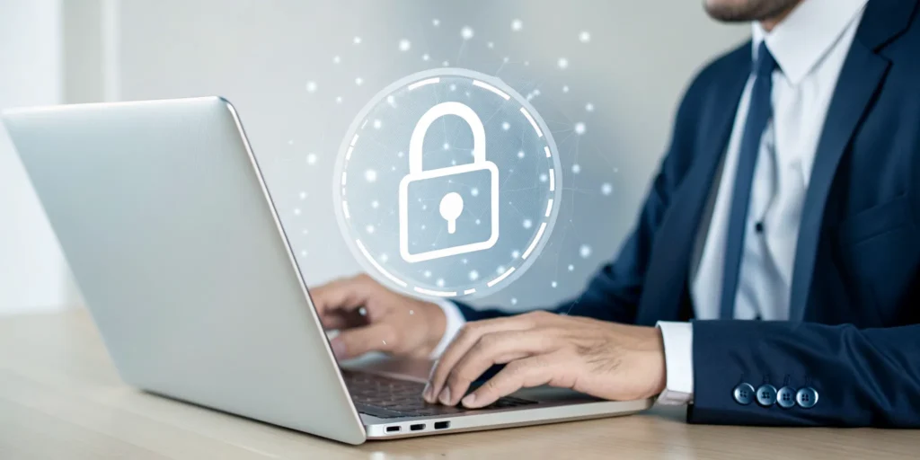 A digital padlock on a laptop screen ensures secure online age assurance.