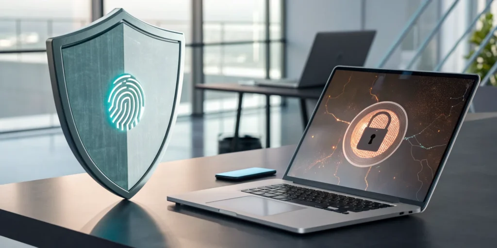 A security shield with a fingerprint comparing passkeys vs OTP authentication on a laptop screen.