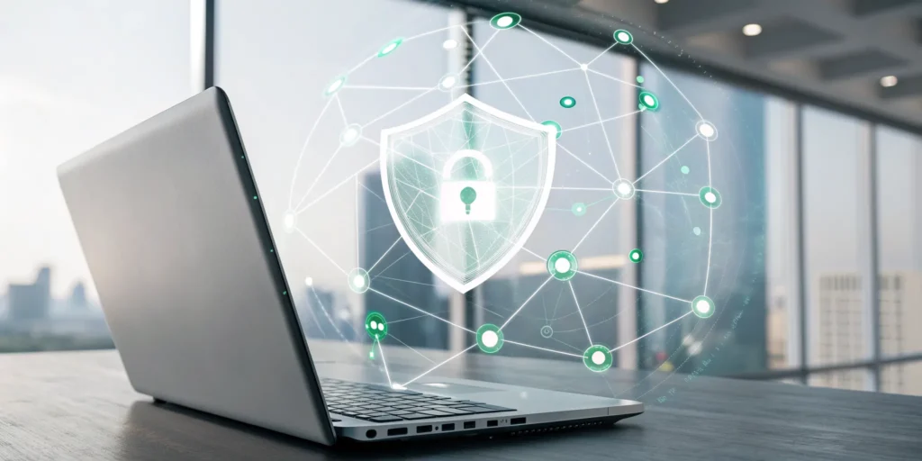 A digital shield and lock on a laptop, ensuring continuous control verification for security.