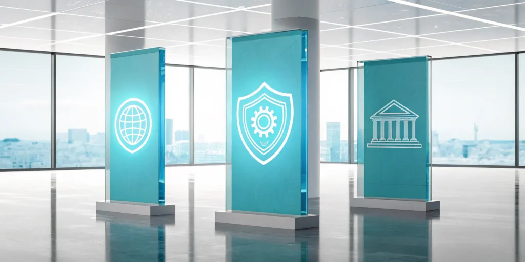 Icons for the three DORA frameworks: research, DevOps, and digital operational resilience.