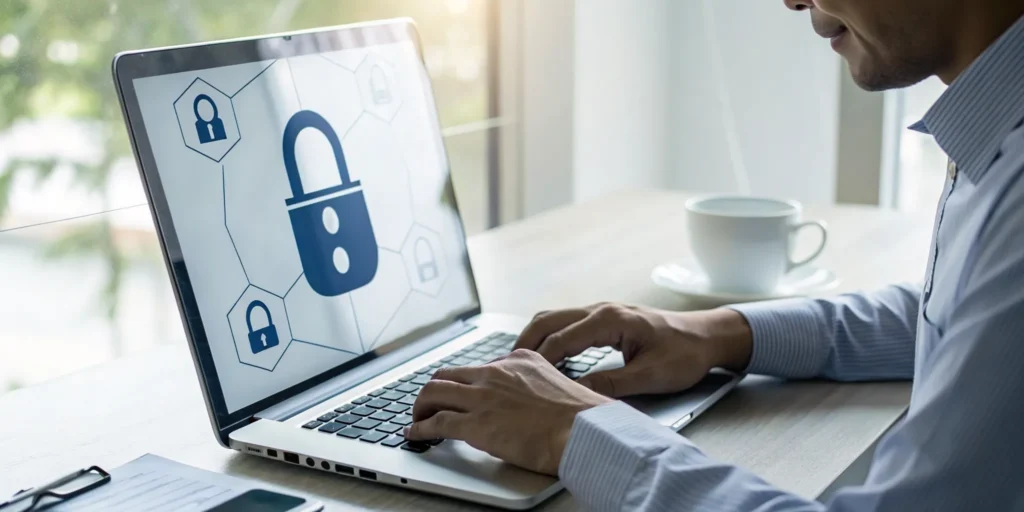 A user logs in securely with phishing-resistant authentication on a laptop.