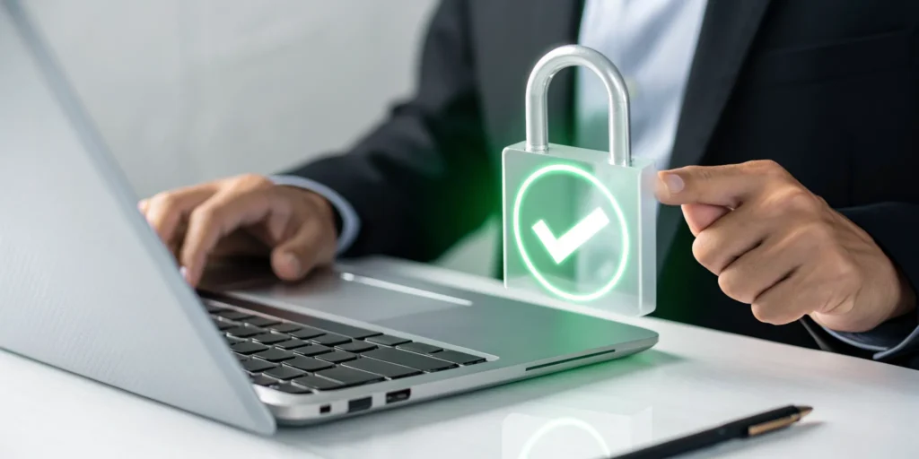 A laptop screen with a digital padlock and checkmark for secure passkey authentication on a web application.