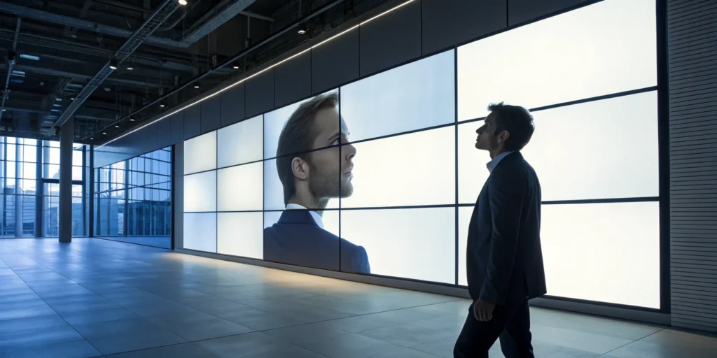 Man comparing liveness detection API free trials on a large office screen.