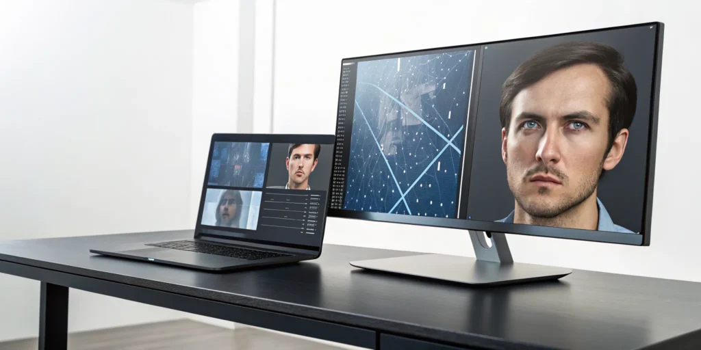 Deepfake video verification software on dual monitors analyzing a man's face.