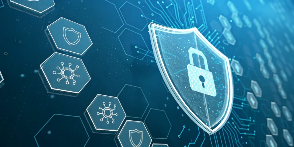 A digital shield with a padlock highlights the security advantages of digital identity for businesses.