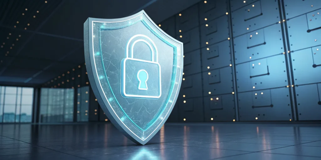 Digital shield with a padlock in a server room, protecting against types of internet fraud.