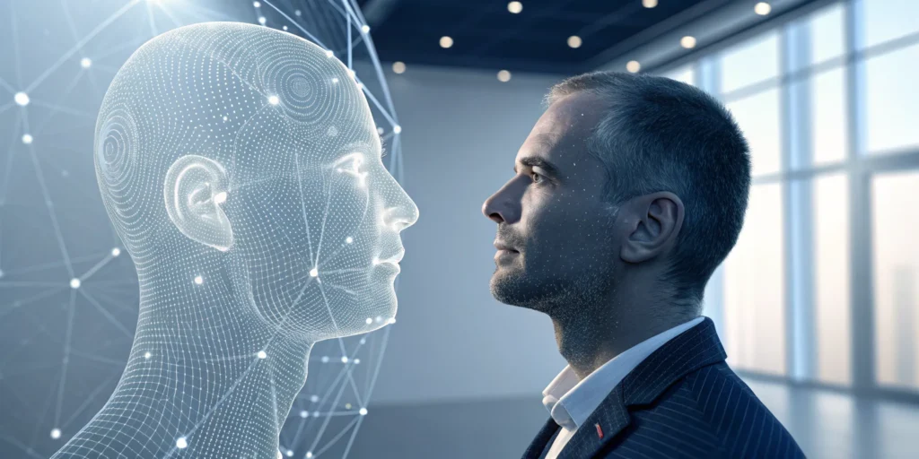 Digital wireframe scans a man's face for the best passive liveness check API.