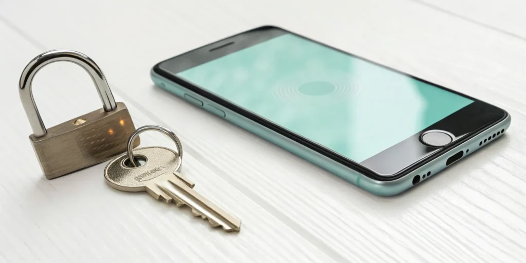 A smartphone with a padlock and key for phishing resistant verification.