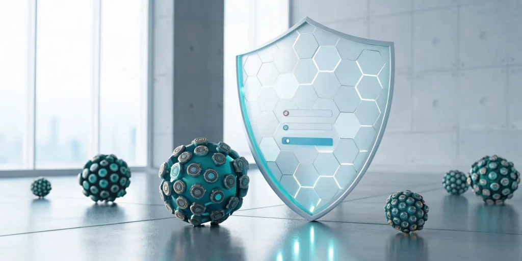 A security shield stopping bots from creating fake accounts during user registration.