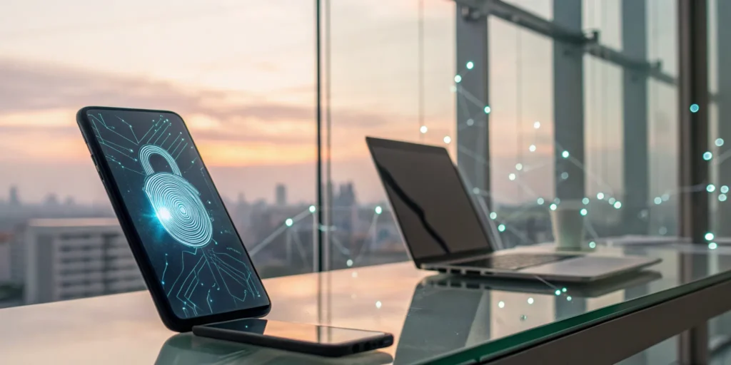 Securing a mobile device and laptop to prevent a bank account takeover.
