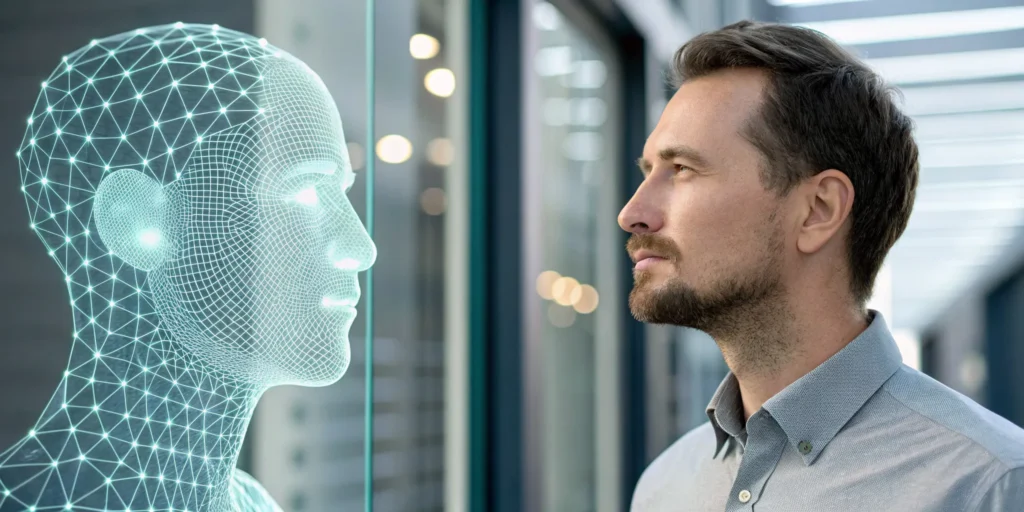 Man with a digital face graphic, comparing liveness detection and age estimation API pricing.