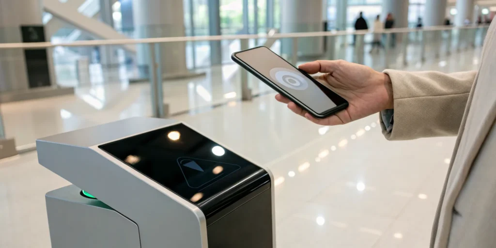 A person uses a smartphone for frictionless age verification at a digital access gate.