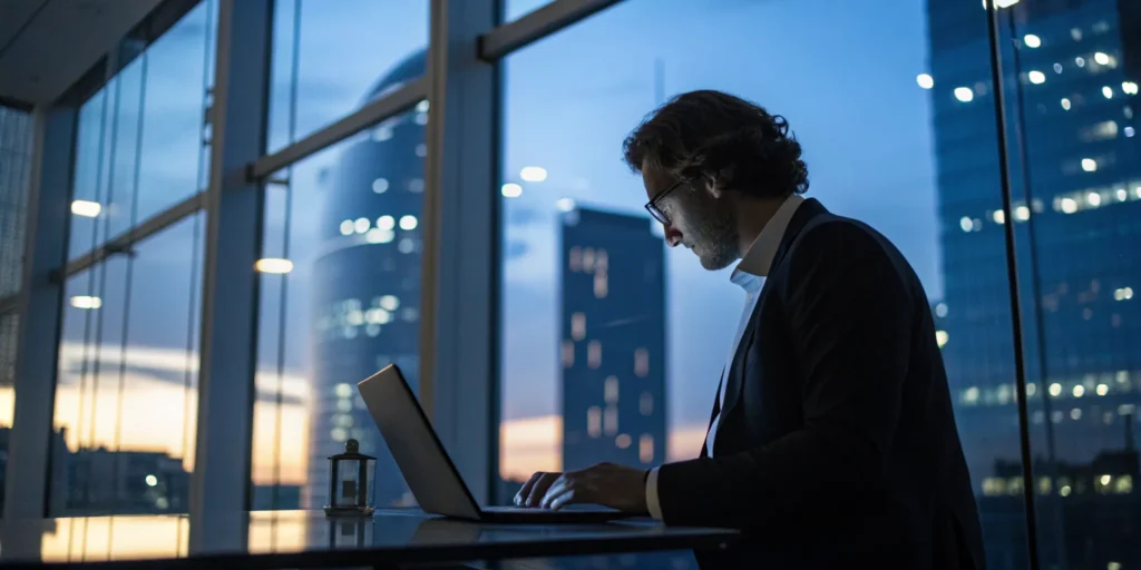 How an account takeover happens to a business professional using a laptop.