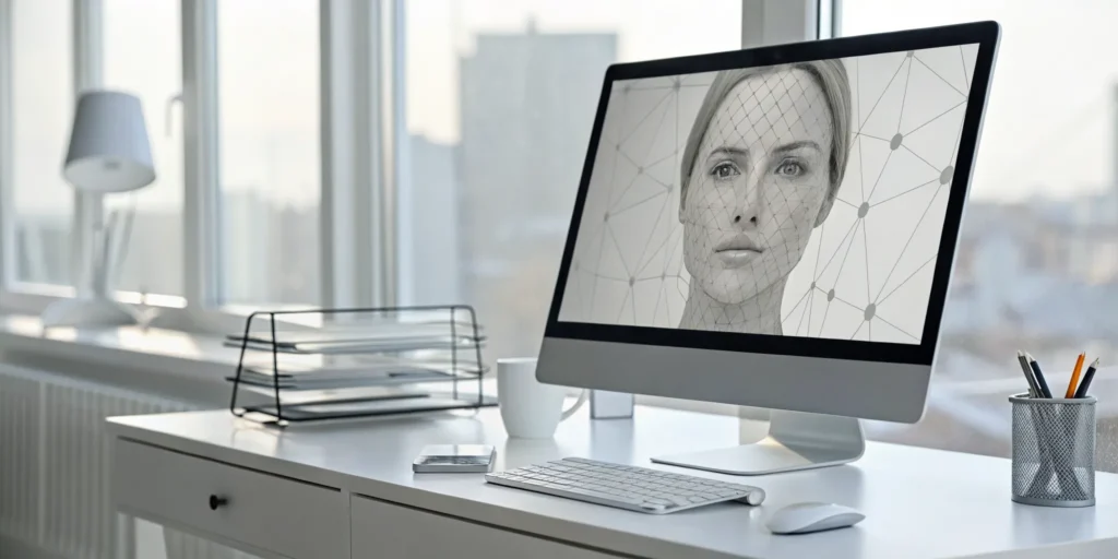 Age estimation software analyzes a face using geometric mapping and facial landmarks.